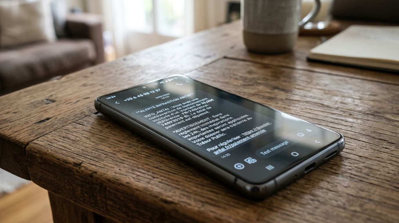 Capture d'écran réaliste d'un smartphone affichant un faux SMS de l'ANTAI réclamant une amende forfaitaire de 35 euros